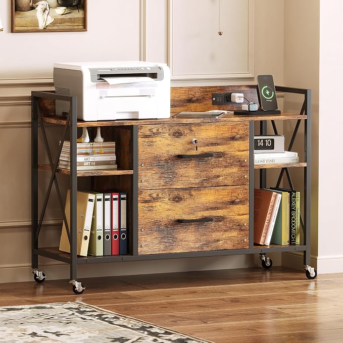 Office File Cabinet, 2 Drawer File Cabinets with Lock, Filing Cabinet with Power Outlets, Adjustable Shelves, Rolling Storage Cabinets for Home Office, Vintage