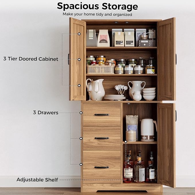 IRONCK Pantry Cabinet, Storage Cabinet with 3 Door & Drawer, Oak Brown | Adjustable Shelf. 67.5inch Tall. 5 Tier Freestanding. 150 lbs Per Shelf. Farmhouse Style. FSC-certified Wood. Anti-tip.