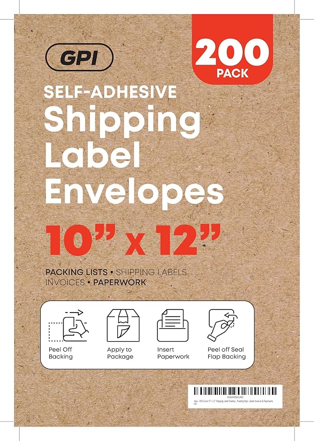 1000 Count 10" x 12" Shipping Label Envelopes, Clear Packing List Pouches with Self-Adhesive Back, Top Loading for Shipping Labels Sleeves, for Packing Slips, Labels Invoices & Paperwork. GPI