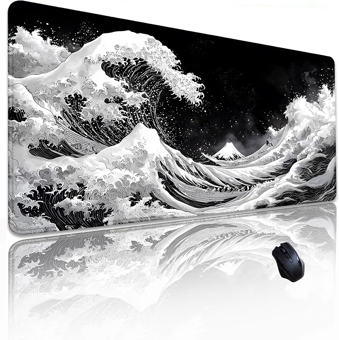 Black and White Japanese sea Mouse Pad, Kanagawa Surfing 31.5"x11.8" | Great Wave mount fuji Desk Mat, Sewn Edges, Microwoven Fabric,Easy to Clean,Suitable for Office