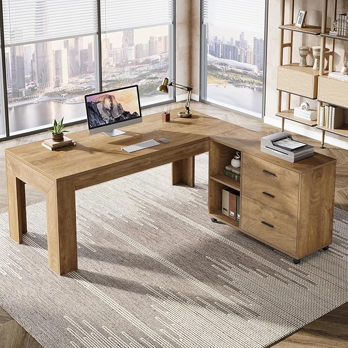 Tribesigns 63" L Shaped Desk with Storage, Executive Office Desk with Mobile Lateral File Cabinet Combo, Large Computer Table with Drawers and Shelves, Business Furniture Set for Home Office, Brown