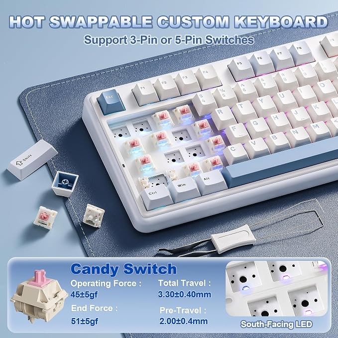 YUNZII B98 PRO 96% Wireless Mechanical Keyboard(Blue, Candy Switch) | QMK/VIA, with Numpad, Dual-Style Knob Design, Creamy Pre-Lubed Switches, Hot Swap, Gasket Mount, RGB for Gaming/Win/Mac