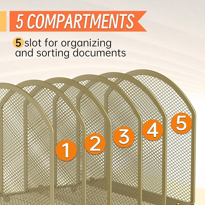 MINDEPOT Desk File Organizer 5 Sections Desktop Organizer File Sorter Office Organization File Folder Holder for Office School & Classroom (Gold, 5 Section - 1Pack)