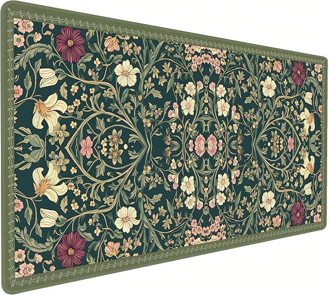 Cute Floral Aesthetic Dahlia Gaming Mouse Pad, Dark Green Rug Desk Mat with Anti-Slip Base & Stitched Edges, Computer Keyboard & Laptop Pad, 35.4" x 15.7" in in Workstation Accessories
