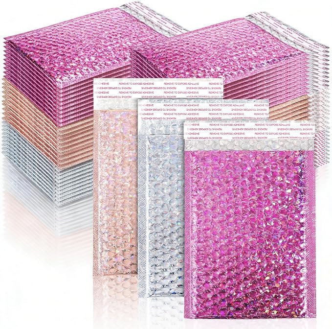 ZAVOOS 60 Pack Holographic Bubble Mailers, 6 x 9.5 Inch | Self Seal Metallic Poly Padded Envelopes, Waterproof Cushioning Shipping Bags for Packing, Mailing, Small Business, 3 Colors
