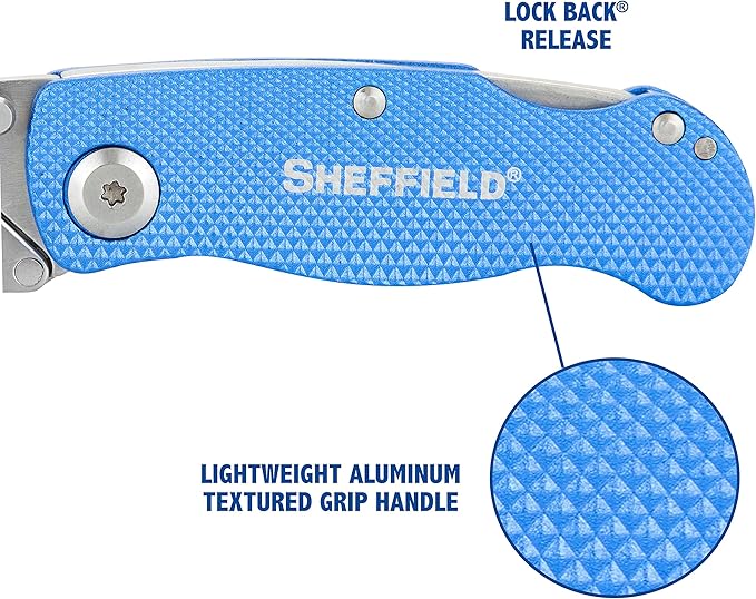 Sheffield 12514 Folding Utility Knife 3 Pack,Stocking Stuffers, Gifts for Men, Dad Gifts, Quick Change Utility Knife Blades, Compact Aluminum Handle, Box Cutter, Razor Blades Included
