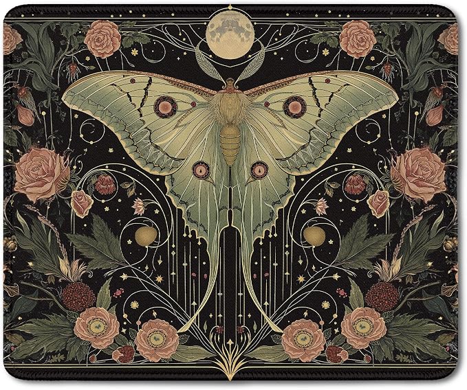 Moody Gothic Moth Mouse Pad, Dark Contemporary Botanical Mousepad for Desk Home Office Dorm Computers Laptop, Witchy Aesthetic Office Supplies Desk Accessories, 9.5x7.9 Inch