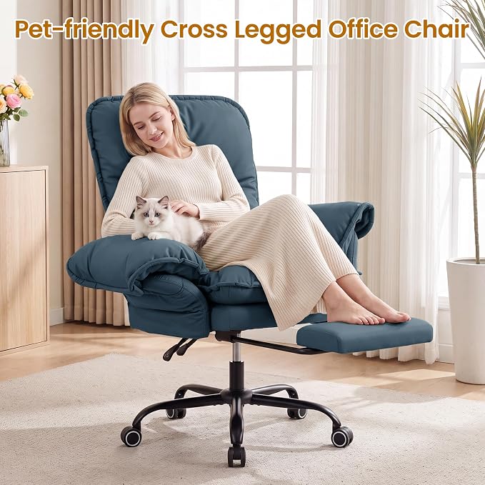 Criss Cross Office Chair with Flip Arms & Footrest, Comfy Desk Chair,Blue | Cross Legged Office Chair, Wide Seat Reclining Desk Chair with Wheels, Vanity Chair with Pocket Spring Seat and Side Pockets