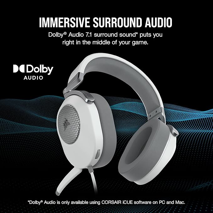 Corsair HS65 Surround Multiplatform Wired Gaming Headset – Dolby Atmos – SonarWorks SoundID – iCUE Compatible – PC, Mac, PS5, PS4, Xbox, Nintendo Switch, Mobile – White