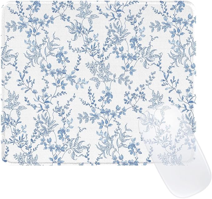 Elegant Blue Flowers Mouse Pad, Waterproof Aesthetics Floral Mouse Pads Design, Non-Slip Rubber Base Computer Simple Funny Mousepad,Small Mouse Mat Desk Accessories Office Supplies