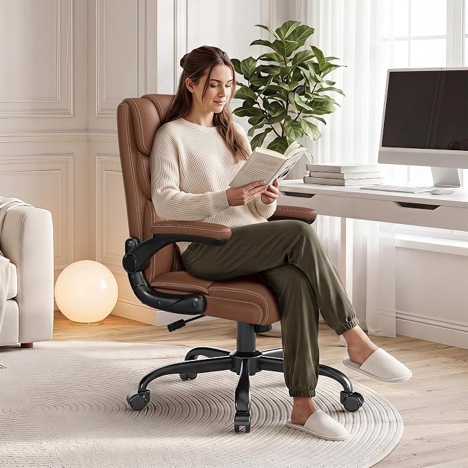 Office Chair, Executive Mid-Back Computer Desk Chair with Flip-up Armrests | 300 Lbs Ergonomic Leather Swivel PC Chair with Rock Function for Working Studying (Brown)