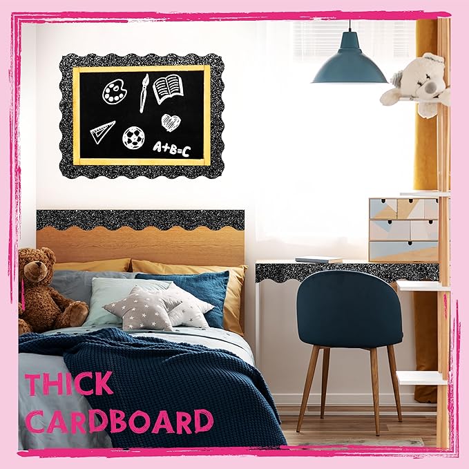 60 Feet Bulletin Board Borders, 45 Sheets Glittering Scalloped Border Trim, Walls, Desks, Windows, Doors, Chalkboards, Whiteboards Decors for School, Classroom, Home & Offices (Black)