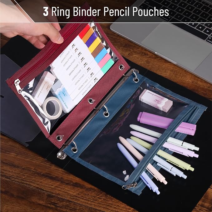 Mr. Pen- Pencil Pouch for 3 Ring Binder, 5 Pack, 10"x7", Smooth Zipper | Clear Window, Large Capacity Pencil Case with 3 Reinforced Grommets for School, Office, Supplies Storage | Clear Window, Large Capacity Pencil Case with 3 Reinforced Grommets for ...