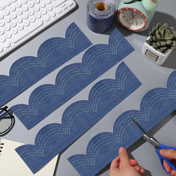 Zonon 65.6 Feet Blue Jeans Bulletin Board Border Farmhouse Scalloped Retro Blue Border for Bulletin Board Trim Roll Classroom Decorations for Back to School Classroom Chalkboard Home Office Wall Decor