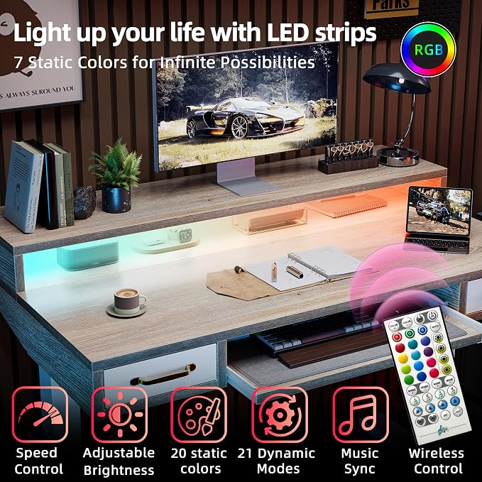 TIQLAB Standing Desk with Two Drawers, Stand Up Standing Desk Adjustable Height, Electric Sit Stand Table with Storage Shelf and Splice Board, with LED Light, 47 * 28 inch, Maple