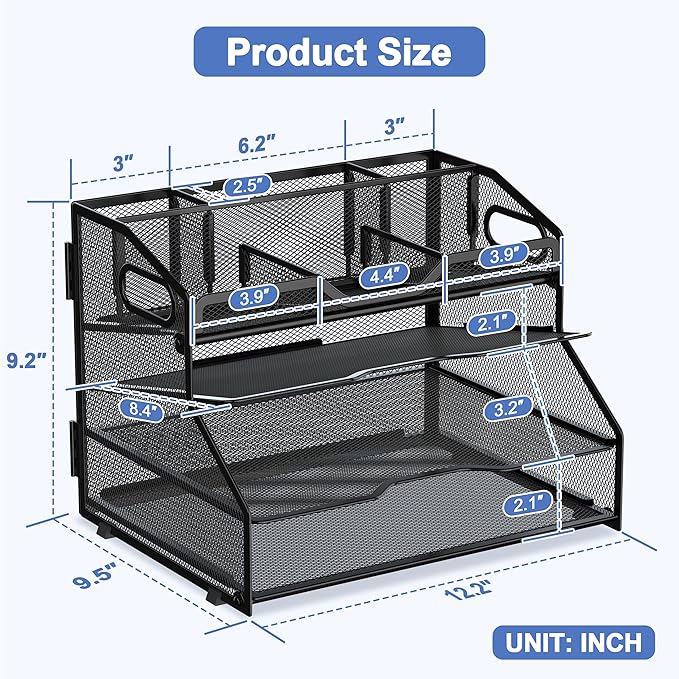 4 Tier Metal Desk Organizer with Magazine File Holder, Black | Space saving workspace desk file trays. Includes pencil holder and portable handles. Ideal for school and office supplies