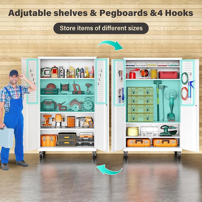 White Wide & Deep Metal Storage Cabinet with Wheels,Tall Rolling Garage Storage Cabinet with Lock,Black Metal Cabinets with Shelves and Pegboards,Tool Locker for Garage,Home,Office