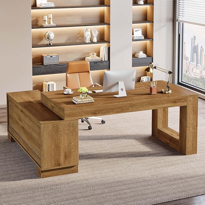 Tribesigns L Shaped Executive Desk with Storage Cabinets and 2-Tier Shelf, 78-Inch Simple Modern Business Furniture Large Computer Writing Table Workstation for Home Office, Dark Brown