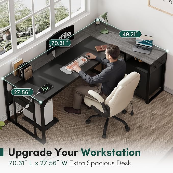 MALOL 70.3" L-Shaped Office Desk, Reversible L-Shaped Computer Desk with Power Outlet, Large Executive Desk with Locked File Drawers & Storage Shelves, Pegboard, Mobile CPU Stand, Modern Corner Desk