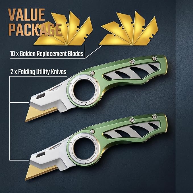 2 Pack Heavy Duty Box Cutter Pocket Folding Utility Knife with Safety Finger Loop & 10 Long-Lasting Gold Titanium Blades for Breaking Down Cardboard, for Home, Office, Warehouse (Green)