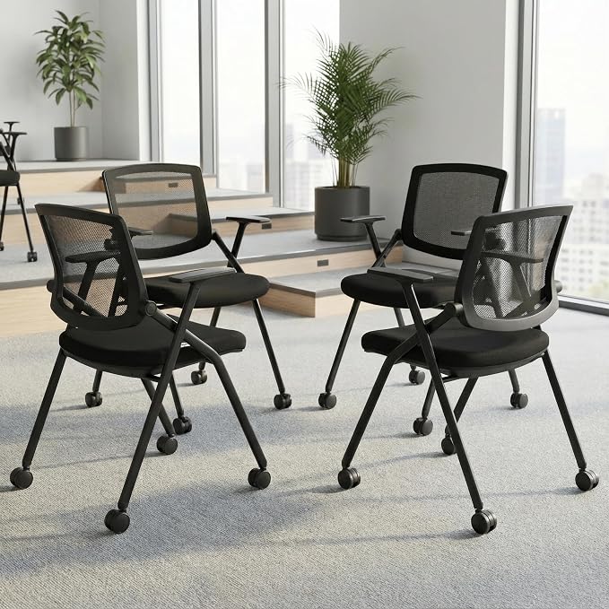 Folding Chair with Wheels and Paddle, Ergonomic Mesh Back and Arms for Office, Meetings, Conferences, Receptions, Training Rooms & Folding Office Chairs - Black 100 Pack