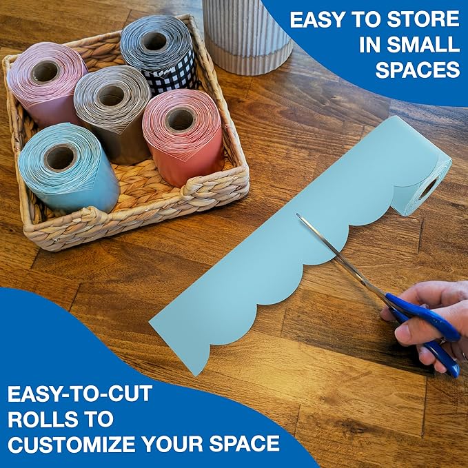 Carson Dellosa Education 65Ft of Sky Blue Bulletin Board Borders, 1 Roll of Pastel Scalloped Trim for Rolling Whiteboard, Cork and Posterboard, Party, Easter, Spring Decorations, and Classroom Decor