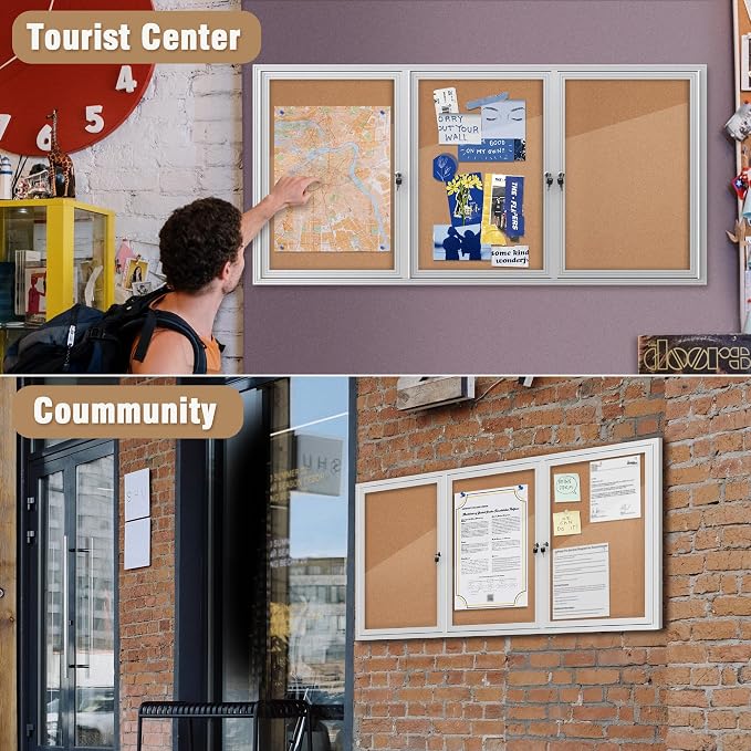 Mifuro 70"x34" Enclosed Bulletin Board, Outdoor Lockable Weather-Resistant Aluminum Cork Noticeboard for School & Office, Silver Frame w/Cork