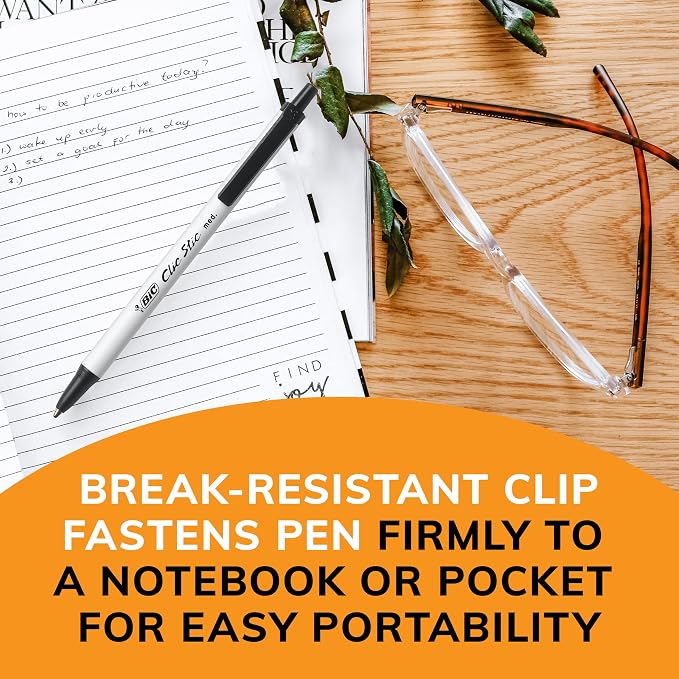 BIC Clic Stic Black Retractable Ballpoint Pens, Medium Point, 24-Count | 1.0 Mm Tip Size | Break-Resistant Clip | Comfortable Round Barrel | Reliable for Office or Home Use