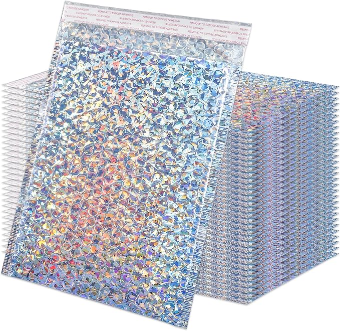 30Pack Holographic Bubble Mailer, Cushion Envelope 11x7In, Silver | Waterproof Self Sealing Poly Padded Envelope, Metallic Mailing Envelopes Bubble Padded for Shipping Mailing Packing
