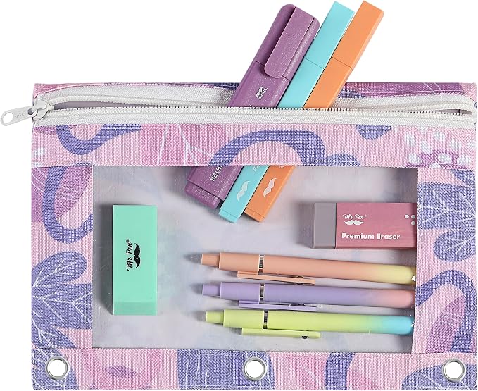 Mr. Pen- Pencil Pouch for 3 Ring Binder, 2 Pack, 10"x6.75", Smooth Zipper | Clear Window, Large Capacity Pencil Case with 3 Reinforced Grommets for School, Office, Supplies Storage
