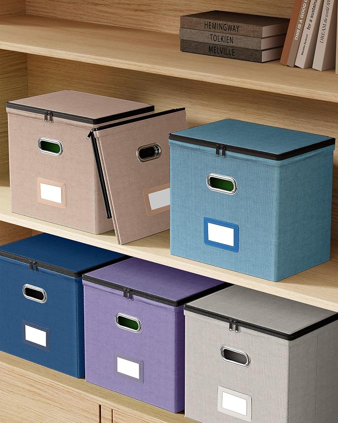 File Box Small 2-Pack Mesh Pockets Hanging Organizer for Letter-Size | Dustproof Lid. 3 Mesh Pockets. Collapsible Scratch-Resistant GRS Linen. Slide Rails. Office, Home, Dorm