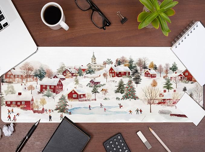 Chrismas Desk Mat Vintage Winter Mouse Pads Large, Red and White Big Farmhouse Mouse Pad for Computers, RETR Snow Gaming Mousepad XL Chrismas Wniter Gifts for Women Girls 31.5x11.8