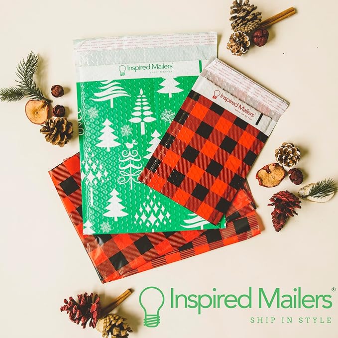 Bubble Mailers 6x9" - Red Snowflake Baubles with Writable Area - 10 Pack - Holiday Poly Padded Envelopes and Bubble Shipping Mailers