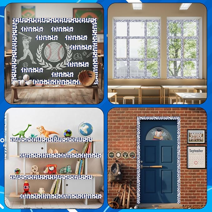 BeYumi Baseball Sport Border Trim - 65ft Back to School Baseball Sport Blue White Stripe Scalloped Rolled Border Trim Ball Sports Theme Bulletin Board Set Party School Classroom Chalkboard Wall Decor