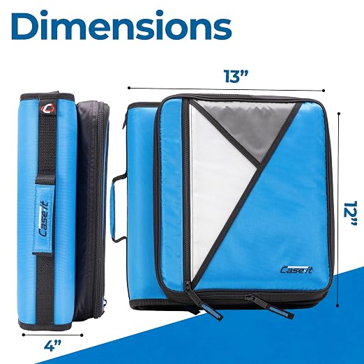 Case-it School Zipper Binder | 2" O-Rings | 400-Sheet | LT-007 Denim Blue | Universal, 13-Inch Laptop/Tablet Padded Pocket, Multiple Storage Pockets, Shoulder Strap, School & Office Organizer
