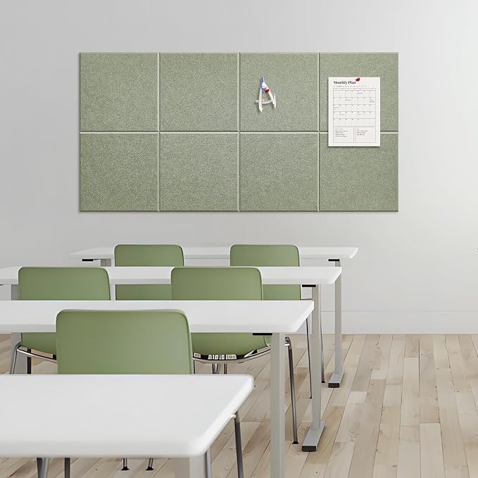 1/2'' Thick Felt Bulletin Cork Board Tiles for Walls Self Adhesive | Frameless Corkboard Alternative, 1700g/m² Dense Felt Board Squares, Renter Friendly, Removable, Sage, 8 Pack 12x12 in