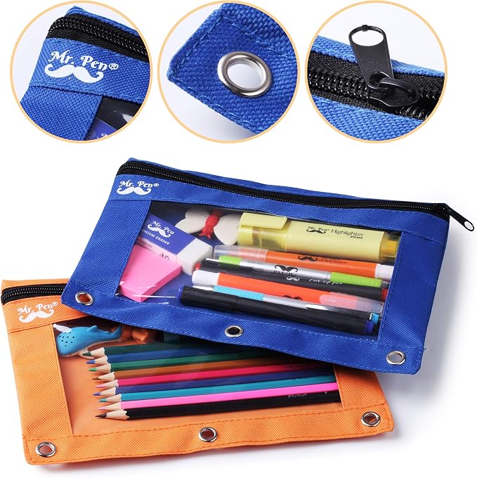 Mr. Pen- Pencil Pouch for 3 Ring Binder, 2 Pack, 10"x6.75", Smooth Zipper | Clear Window, Large Capacity Pencil Case with 3 Reinforced Grommets for School, Office, Supplies Storage