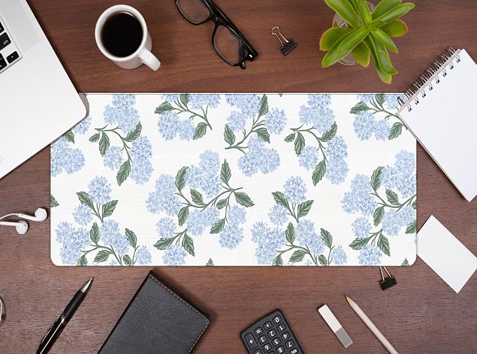 Blue Hydrangea Desk Mat, Blue and White Mouse Pad 23.6x11.8 | Blue Desk Accessories, Flroal Desk Matt for Desktop, Office Accessories for Women, Aesthetic Desk Pad