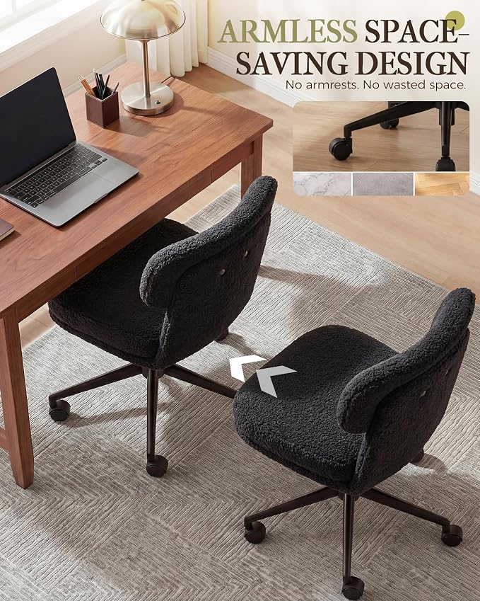 COMHOMA Vanity Chair with Ergonomic Curved Backrest, Home Office Desk Chair with Silent Wheel, Wide Seating Computer Chair for Girls Women Bedroom, Soft Teddy Fabric, Black