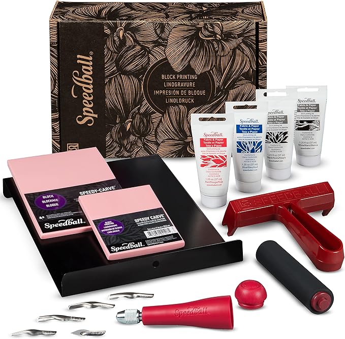 Speedball Deluxe Linocut Block Printing Kit, for Fabric, 14 Pieces, Includes Inks, Brayer, Bench Hook, Lino Handle and Cutters, Speedy-Carve Relief Blocks