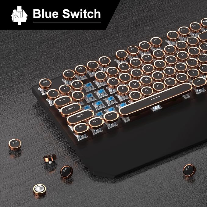 MageGee Typewriter Mechanical Gaming Keyboard, Retro Round Golden Electroplated Keycaps, LED Orange Backlit Wired Keyboards for Laptop PC Gamer, with Magnetic Wrist Rest, Metal Panel, Blue Switch