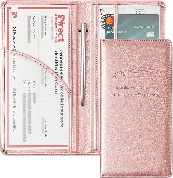 Yarnic Car Registration and Insurance Holder, Car Document Holder with Magnetic Closure, Car Wallet for Driver License, Cards and other Essential Documents (Rose Gold)