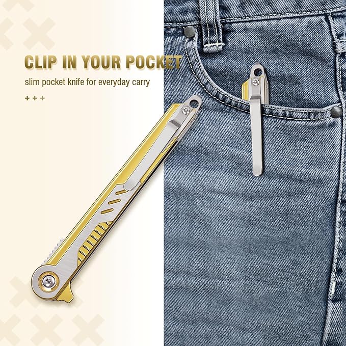 Cool Pocket Knife Gifts for Men, EDC Tanto Blade Folding Knives with Clip, Flipper Open Survival Knife with Window Breaker and Liner Lock for Outdoor Camping (Gold)