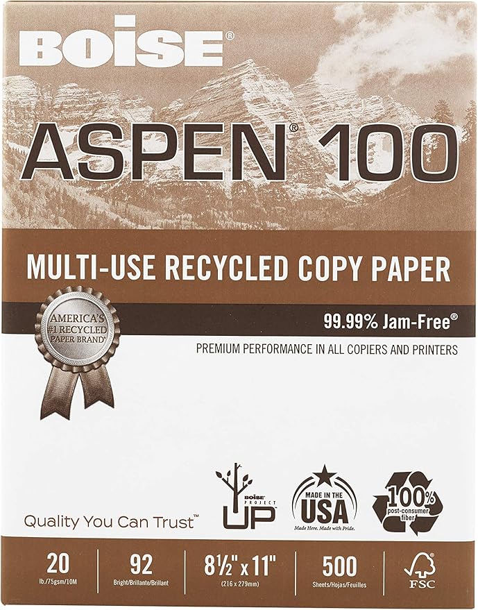 Boise Paper 100% Recycled Multi-Use Copy Paper, 8.5" x 11" Letter, 92 Bright White, 20 lb, 10 Ream Carton (5,000 Sheets)