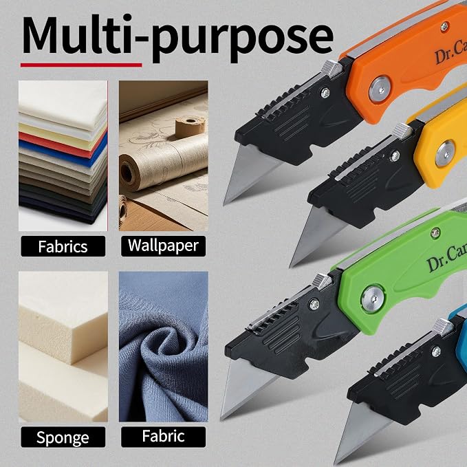 4 Pack Folding Utility Knife Heavy Duty Box Cutter Quick Change Blade Safety Lock Pocket Clip Ergonomic Grip for Home Office Warehouse Navaja Plegable de Trabajo Cuchillo Cortador de Caja