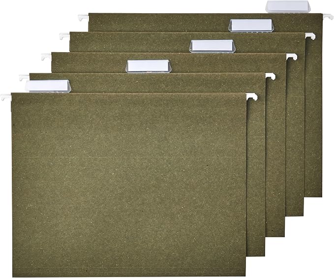 Amazon Basics Hanging File Folders for Documents, Letter Size, 1/5-Cut Adjustable Tabs, Standard Green, 75 Count per Box