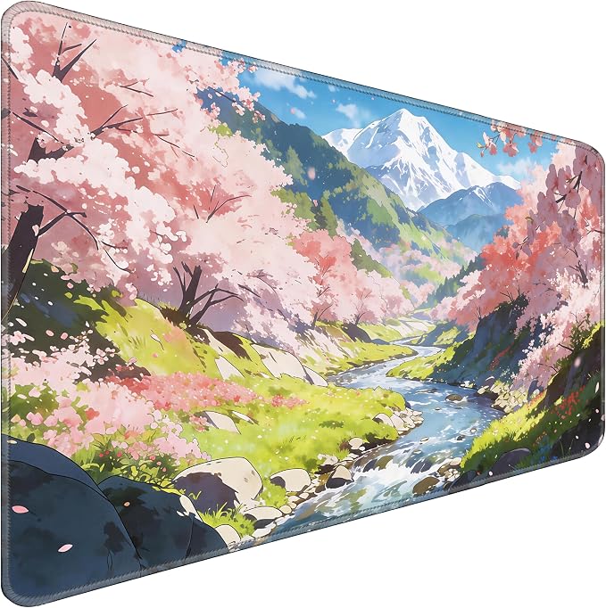 Cherry Blossom Anime Large Gaming Mouse Pad Waterproof Desk Mat | 31.5x15.7 Inch Non-Slip Rubber Base Stitched Edges