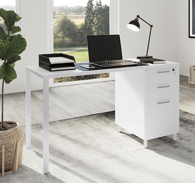 Modern Designs Milano Office Desk with 3 Locking Drawers, 48 Inch White Industrial Wood Desk with Filing Drawer and Storage, by Crafts and Comfort
