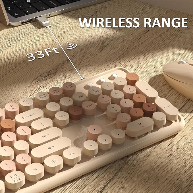 Links9+ Colorful Wireless Keyboard and Mouse Combo (Milky Tea Colorful) | Full-Size Retro Typewriter Style Keyboard with Vintage Round Keycaps, 2.4G Wireless Set for Windows, Mac, Laptop, PC, Desktop