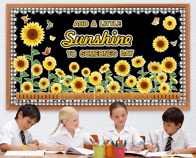 Summer Sunflower Bulletin Board Decorations Classroom Bulletin Board Border Motivational Cutouts with Butterflies & Fences – Classroom Cardstock Decor for Classroom Bulletin Board Border